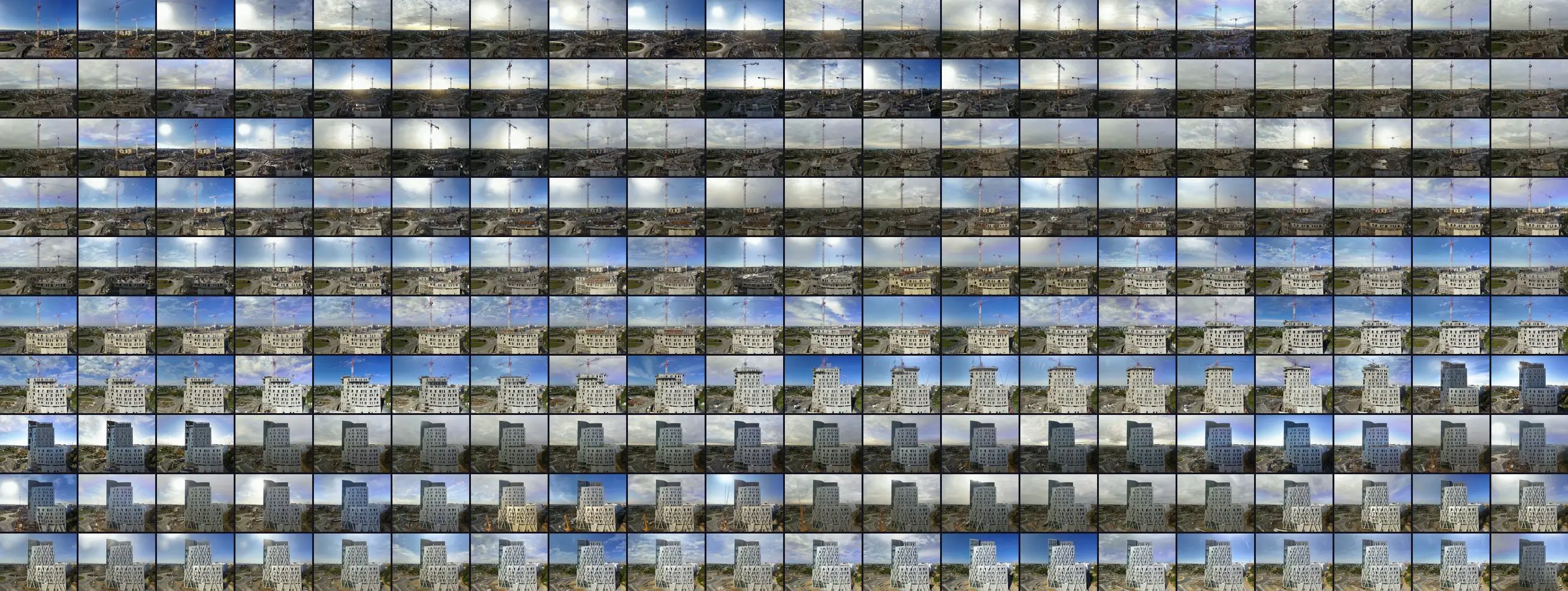 Planche de photos du chantier de la Tour TIP à Angers, toutes prises du même point de vue et rangées dans l’ordre : sur les premières lignes, deux grues au-dessus des fondations ; sur les dernières, la tour terminée.