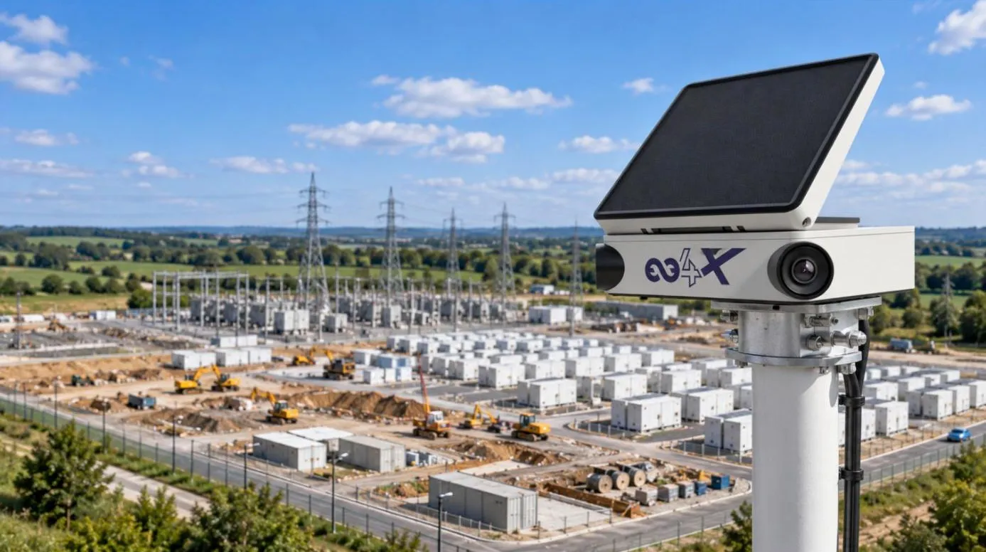 La caméra timelapse Tikee 4X d’Enlaps fixée en haut d’un mât, au-dessus d’un chantier de stockage d’énergie