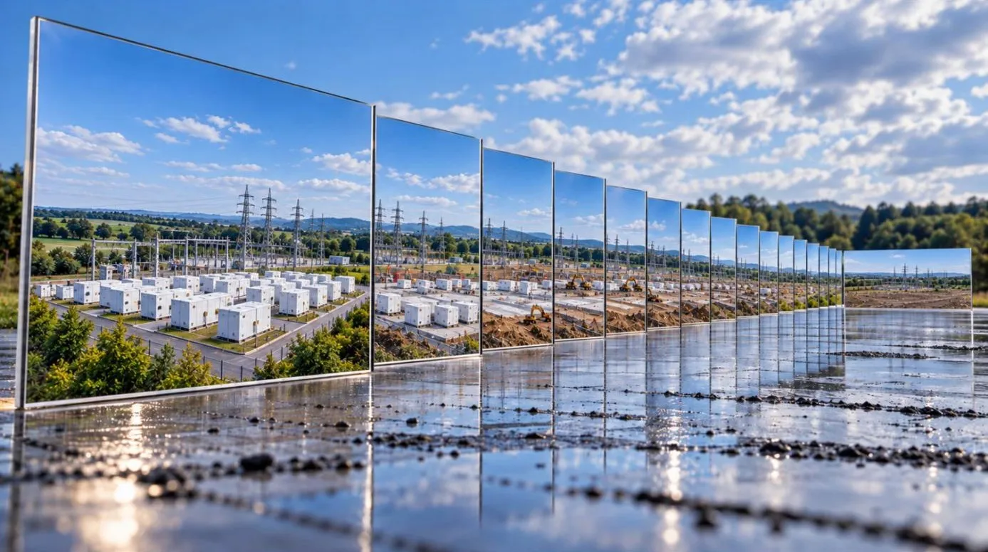 Illustration : des centaines de photos d’un même chantier alignées les unes derrière les autres, du parc de batteries terminé au premier plan jusqu’au terrain nu du début