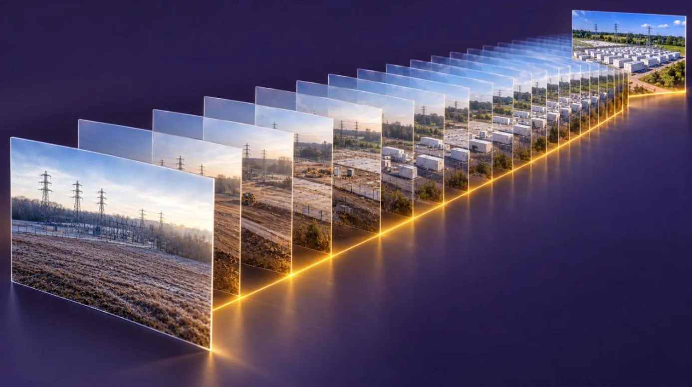 Illustration : des photos successives d’un même chantier de stockage d’énergie, du champ nu au parc terminé, alignées sur une ligne de temps